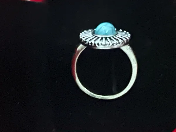 Women’s Stainless Steel Silver Aztec Faux Turquoise Embellished Ring Size 6 - Image 3