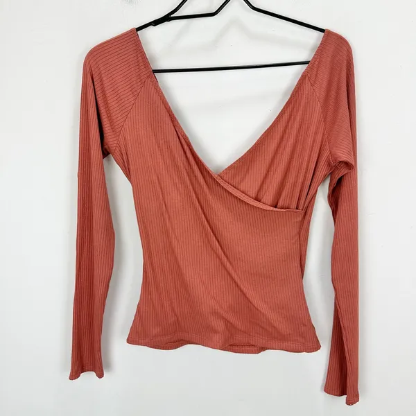 Lulus All Day Fave Rusty Rose Ribbed Surplice Long Sleeve Top Stretch Medium NWT - Image 7