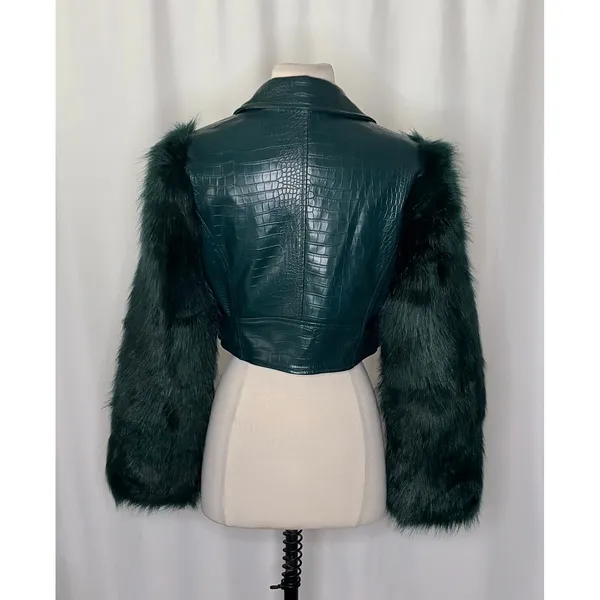 AZALEA WANG Nolla Faux Fur Arms Croc Moto Jacket Jade Green Vegan Leather Medium - Image 9