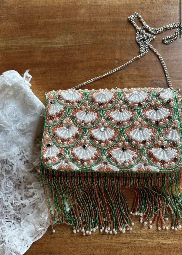 12th Tribe Jasmine Green and Pink Beaded Fringe Bag - Image 2