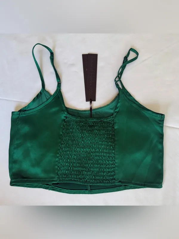 House of Harlow 1960 Emerald Green Satin Rhinestone Trim Crop Top Size Medium - Image 2