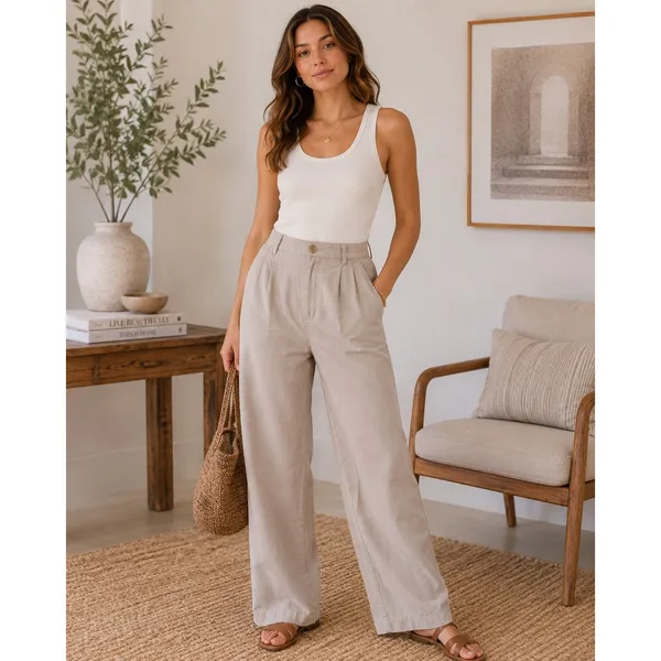 Reformation Mason Pants High Waisted Wide‎ Leg Pleated Tencel Taupe Size 2 - Image 2