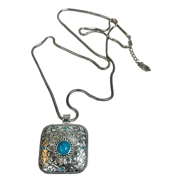 Vintage Silver Tone “Roman” Enameled Floral Etched Pendant W Faux Turquoise Ston - Image 3