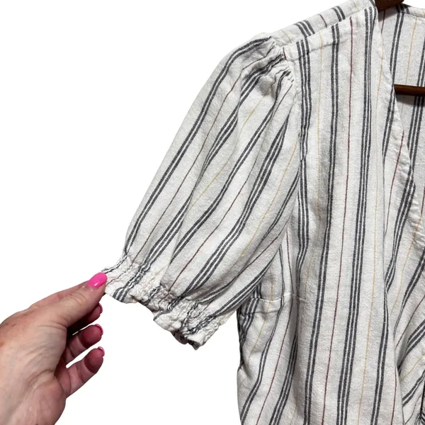 Abercrombie Women Cottagecore Coastal Tie Front Crop Top L White Striped Linen - Image 5