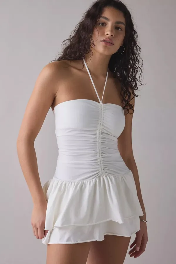 Kimchi Blue White mini halter dress with built-in shorts & ruffled hem - Image 2
