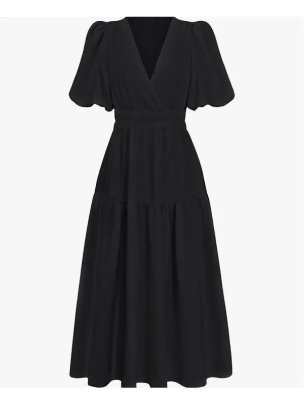 NEW Short Puffy Sleeve V Neck A-Line Flowy Wrap Wedding Guest Lined Dress S - Image 8