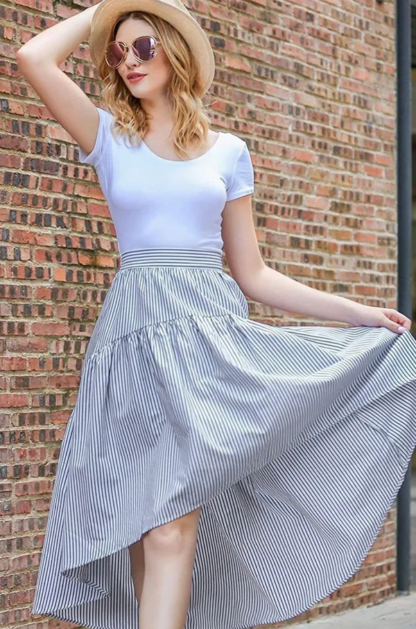 Zeagoo NWT High Low Navy Blue And White Stripe Skirt - M - Image 3