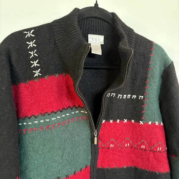 90's Wool Patchwork Jacket Boxy Zip Up Grandma Sweater Black Embroidered XL - Image 2