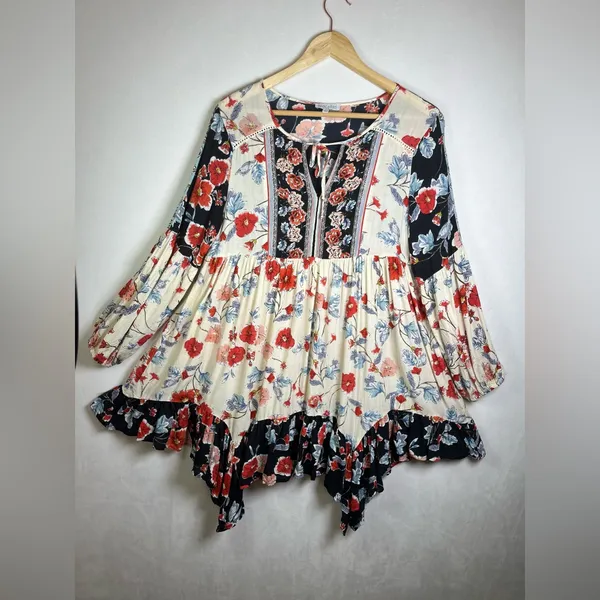 Patrons of Peace Women’s Boho Floral Babydoll Tunic Dress Sz L Festival Coastal - Image 3