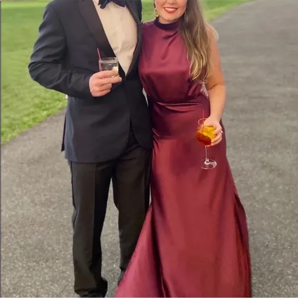 Lulus Classic Elegance Wine Satin Sleeveless Mock Neck Maxi Dress - Image 10