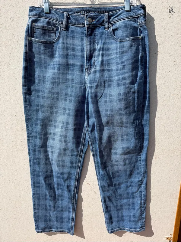 American Eagle Mom Straight Jeans Women 12 Short Blue Plaid Stretch - Image 2