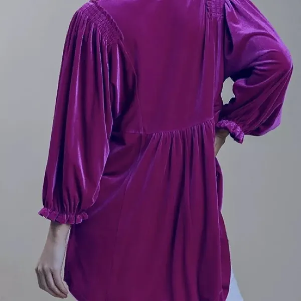 Umgee Small Magenta Velvet V Neck High Waist Balloon Sleeves Tunic Top/‎ dress - Image 3
