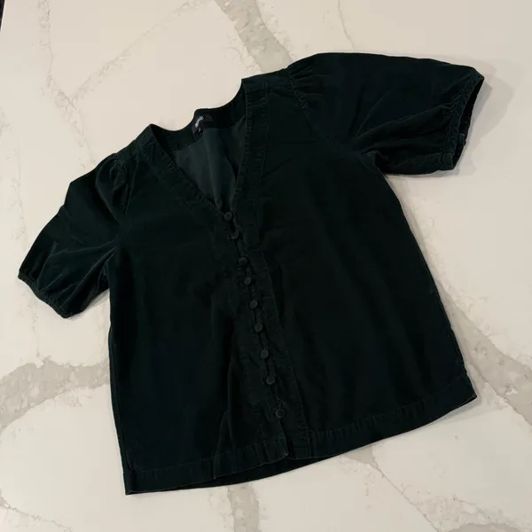 Madewell Corduroy Puff Sleeve V-Neck Button Front Top Womens Size XS Dark Green - Image 5