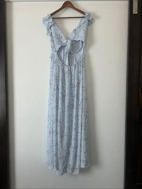 Francesca's Collections Kadence Bow Back Light Blue Floral Ruffle Maxi Dress - Image 3