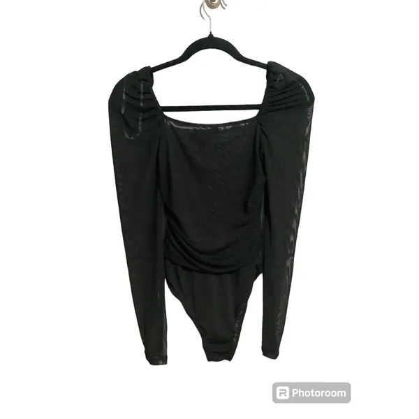 Lulus Flirty Night Out Black Ruched Mesh Bodysuit XS - Image 3