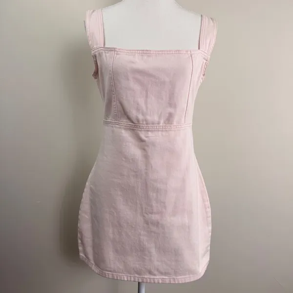 Lioness Pink Denim‎ Mini Dress Square Neck Sleeveless Bodycon Pastel Size L - Image 2