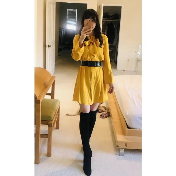 TORY BURCH Women's Yellow Golden 100% Silk Crew Neckline Sophia Dress Size 2 - Image 9