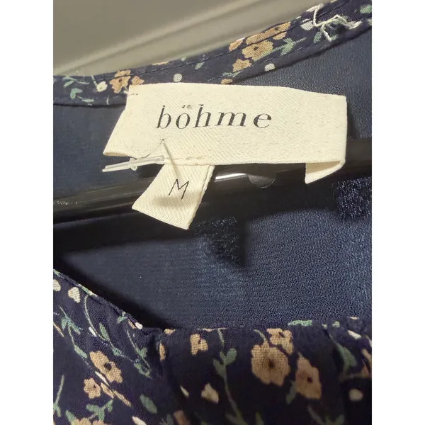 Bohme Navy Blue Floral Tiered Midi Dress Long Sleeve Smocked Cuffs Womens Size M - Image 6