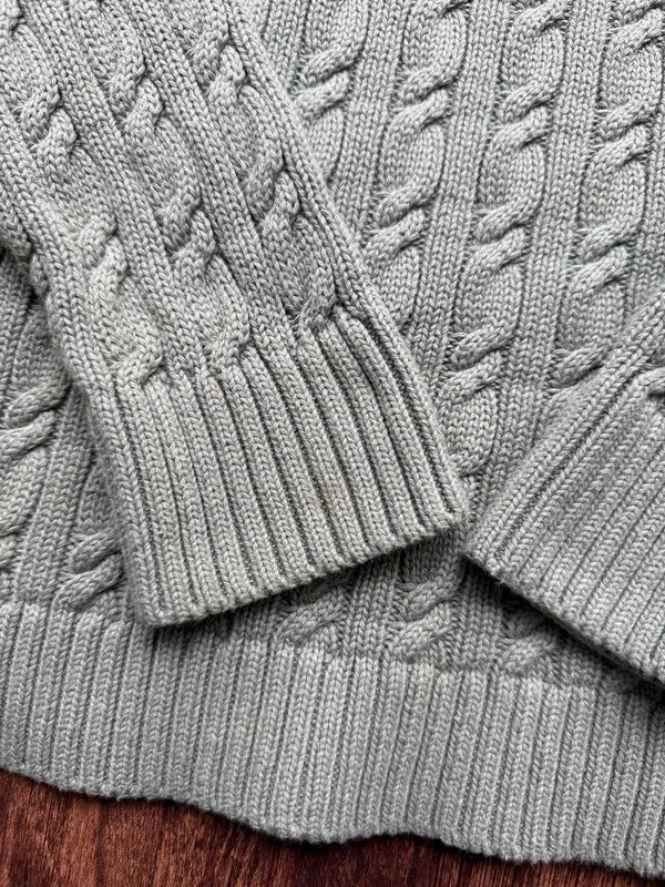 LL Bean Women’s M Sage Green Cotton Cable Knit Sweater Notch V-Neck Pullover - Image 9