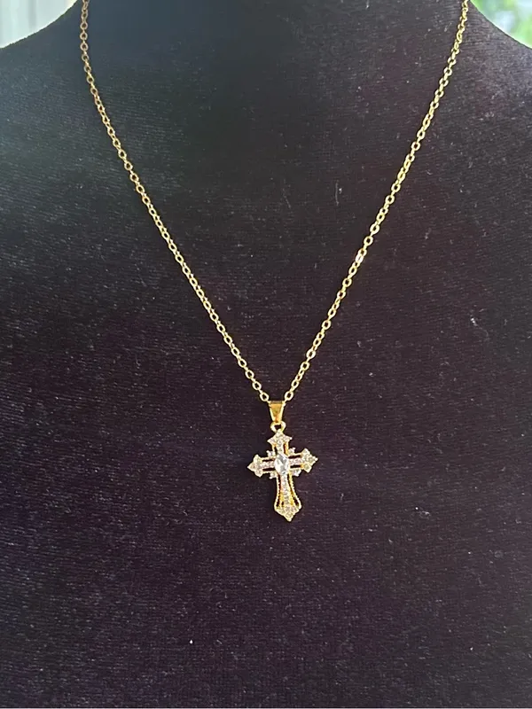 Gold Tone Cubic Zirconia Cross Charm Pendant Cable Chain Necklace 16" + 2" - Image 4