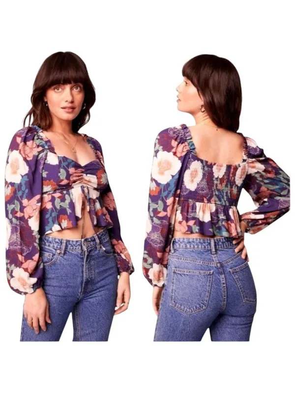 Band Of The Free Shirt Women Medium Purple Floral Puff‎ Sleeve Cropped Top NWT - Image 2