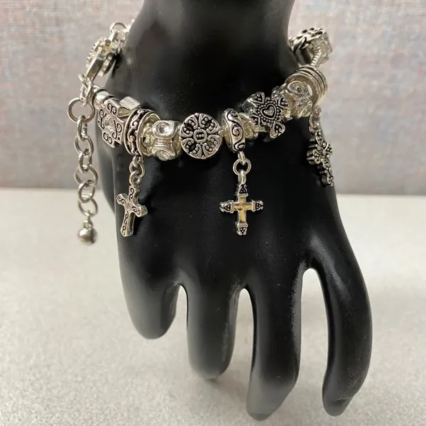 Premier Designs Silver Tone Charm Bracelet Cross Heart Dangle Beads Luck Scroll - Image 5