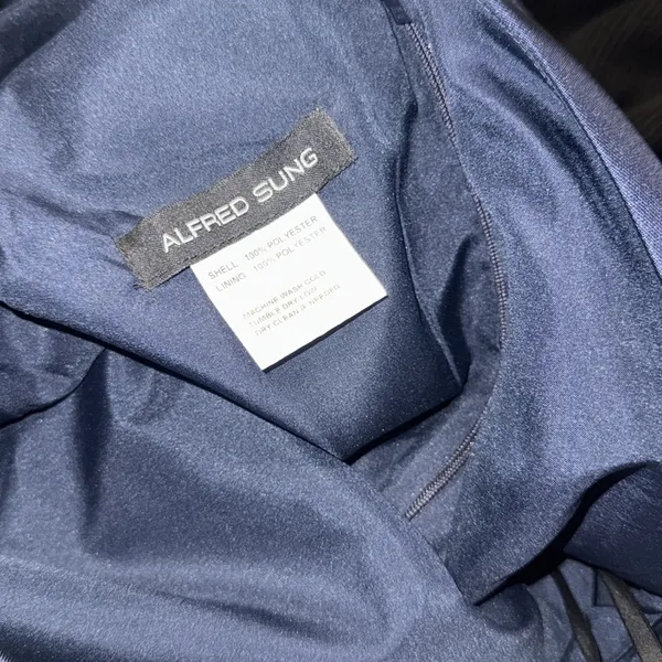 NEW ALFRED SUNG D815 DRAPED ONE-SHOULDER SATIN MAXI DRESS POCKETS NAVY sz 14 - Image 5