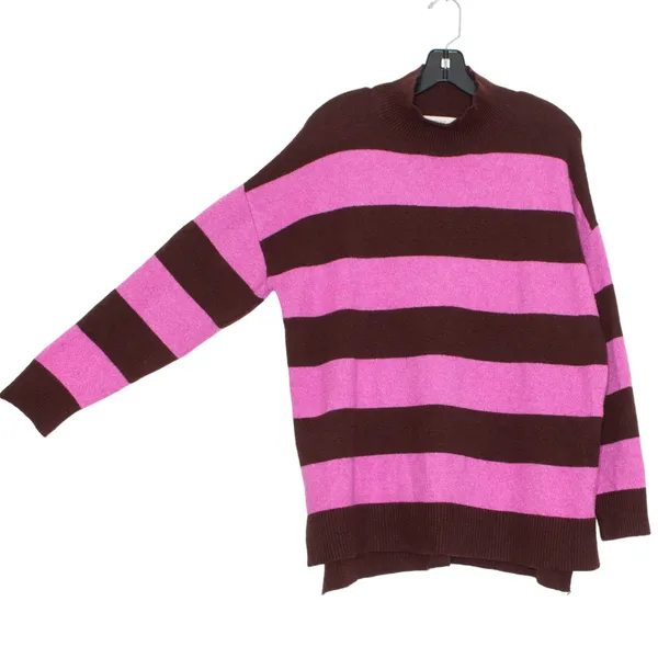 Loft Oversize Sweater Mock Neck Striped Brown Pink Large Cozy Slouchy Preppy - Image 2