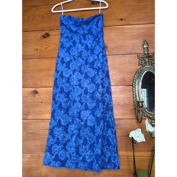 NWT Lulus Flawless Perfection Blue Floral Applique Strapless Midi Dress Gala L - Image 2