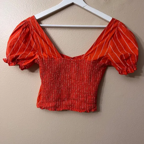 Free People Women's Orange Striped Puff Sleeve Crop Top Blouse Size XS - Image 6