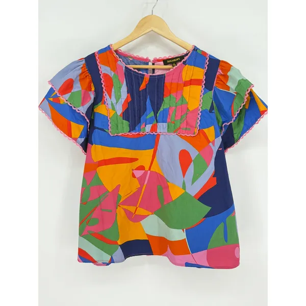 Sugarlips Abstract Floral Blouse Women XL Multicolor Flutter Sleeve Crochet Trim - Image 2