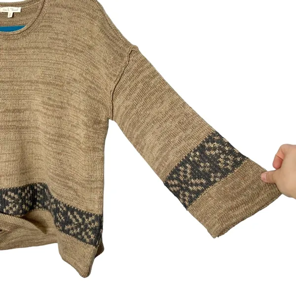 Hem & Thread Tan Knit Gray Fair Isle Stripe 3/4 Length Sleeve Sweater - Image 3