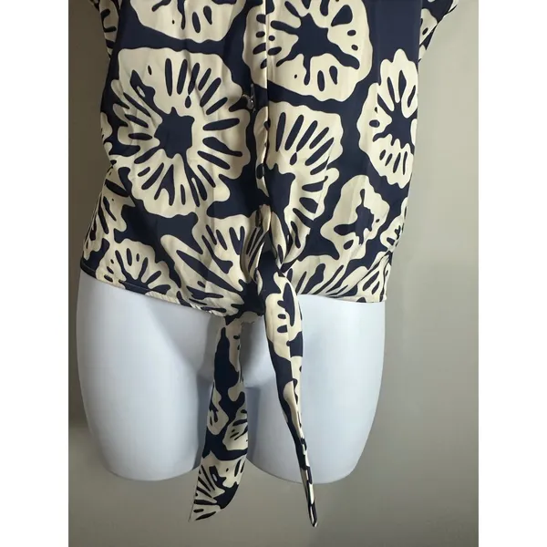 Rachel Zoe Womens Navy Blue Cream Abstract‎ Floral Front Tie Button Blouse Small - Image 4