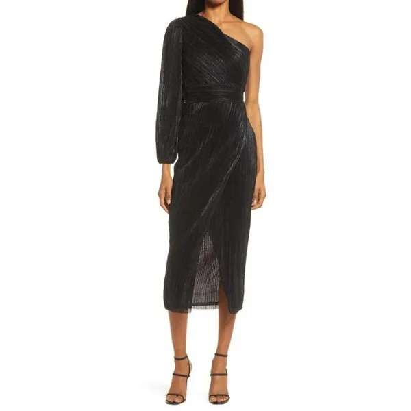 Saylor Alora Dress in Black Metallic Womens Plisse One Shoulder Midi - Image 2