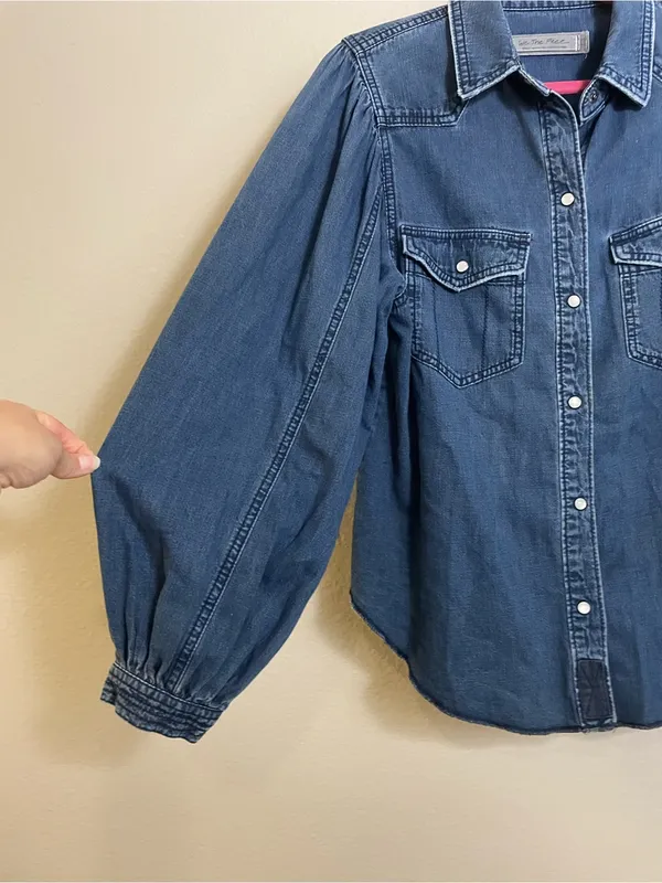 We the Free With Love Denim Top Long Puff Sleeves Western-Boho Size Small - Image 4