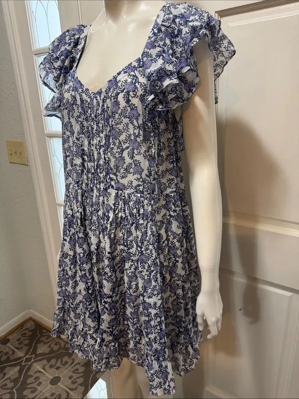 Isabel Marant Étoile Godrana Flutter-Sleeve Blue Floral Ruffle-Sleeve Dress S 44 - Image 8