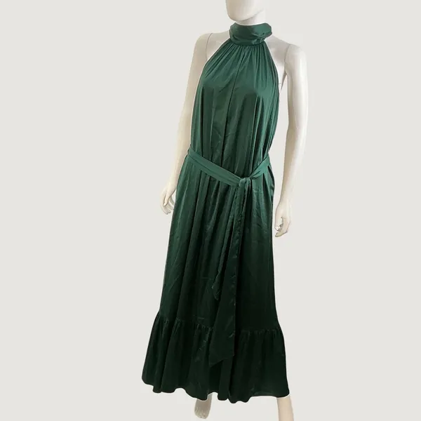 Belle Badgley Mischka Emerald Green Halter Maxi Dress Tie Waist Size 2 Gown‎ - Image 4
