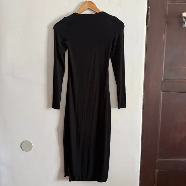 KLASSY NETWORK | Black Modal Blend Square Neck Midi Dress Long Sleeve Slit XS - Image 2