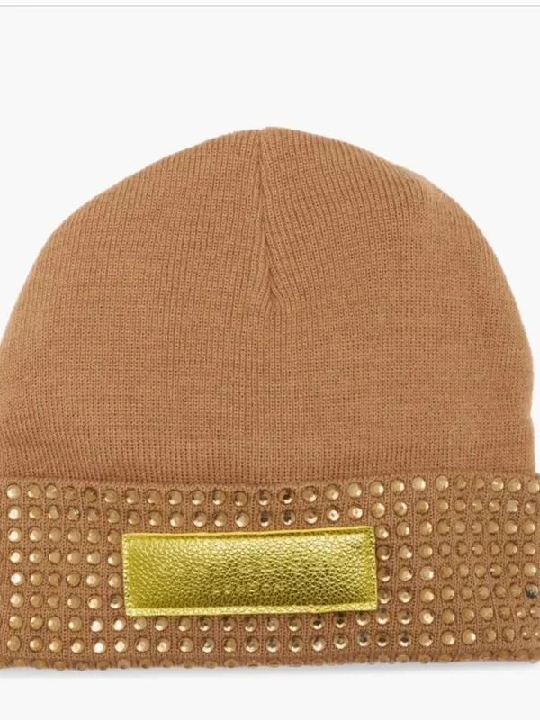NWT Kurt Geiger London Logo Patch Crystal Cuff Beanie One Size, CAMEL - Image 3
