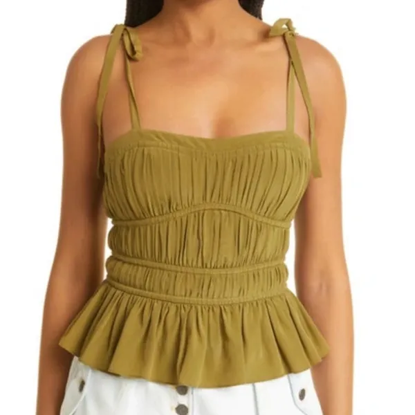 Ulla Johnson Nora Tie Shoulder‎ Silk Peplum Top Size 12 Olive Green Milkmaid NEW - Image 2
