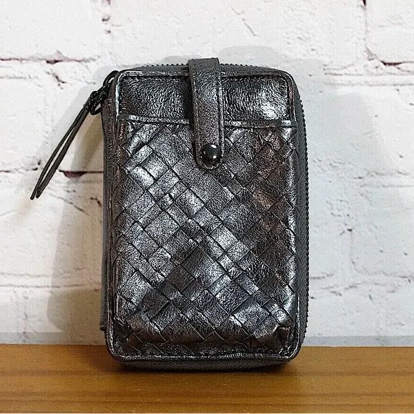 Elliott Lucca Wristlet Genuine Woven Leather Pewter Metallic Like New Condition - Image 3