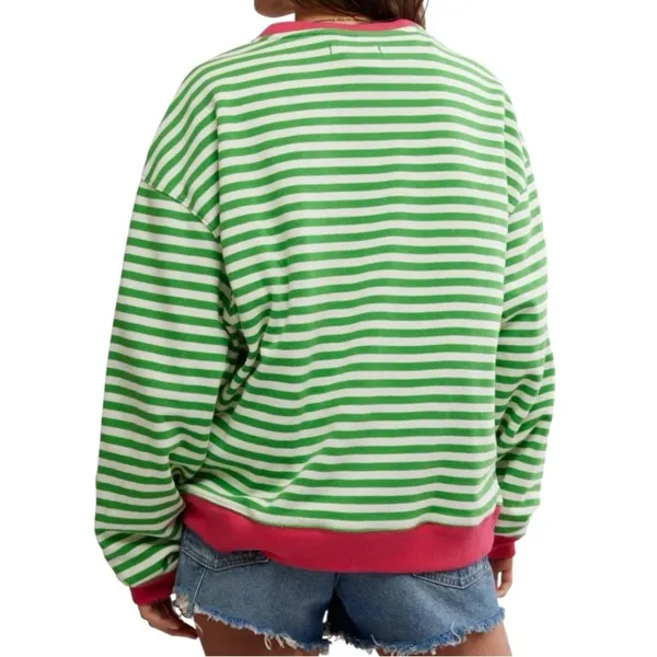 FREE PEOPLE Classic Striped Oversized Crewneck Pink Clover Combo Size M - Image 9