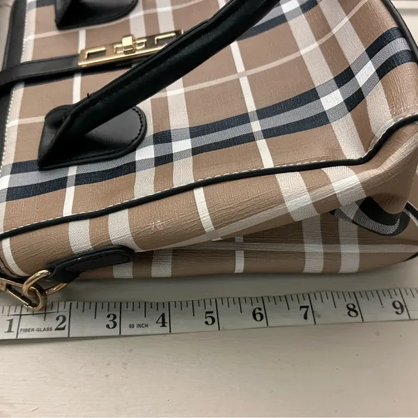 Purse Plaid Satchel Handbag with Black Trim - Taupe Plaid Satchel - Image 4