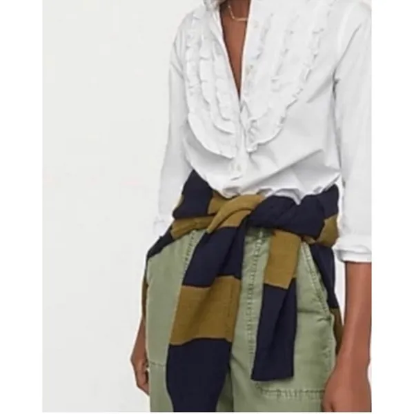 J Crew Band Collar Ruffle Button Up Shirt Size S White Preppy Office Career - Image 2