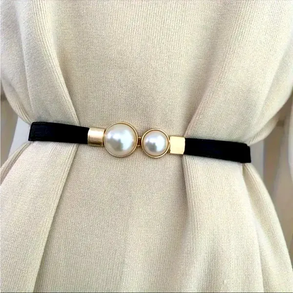 Thin Double Faux Pearl Buckle‎ Solid Color PU Leather Waist Thin Belt One Size - Image 4