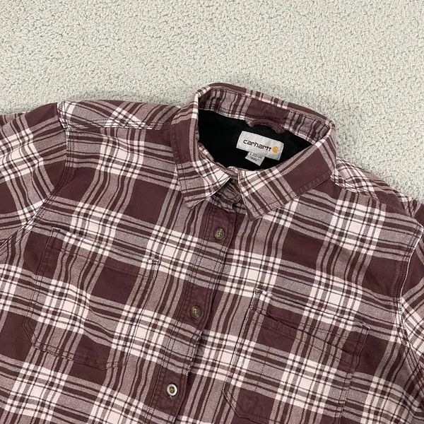 Carhartt Fleece Lined Flannel Shirt Women L Maroon Workwear‎ Button Shacket - Image 3