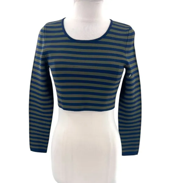 NWT‎ Good American Womens Stripe Long Sleeve Crop Top 2 medium Green/Navy - Image 5