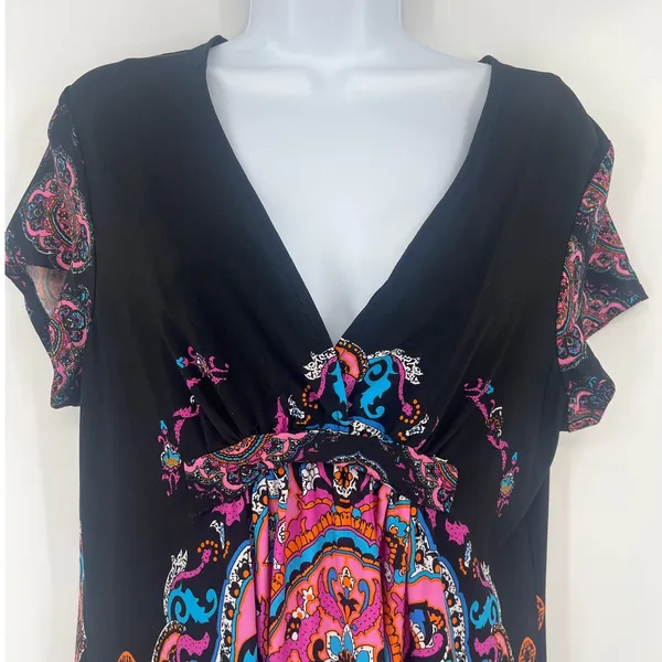 Snap Y2K Babydoll Dress Sz L Medallion Boho Festival Hippie Retro Stretchy Artsy - Image 2