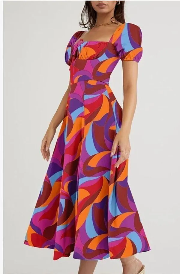NEW Puff Sleeve Midi Square Neck Cottagecore Dress L - Image 3