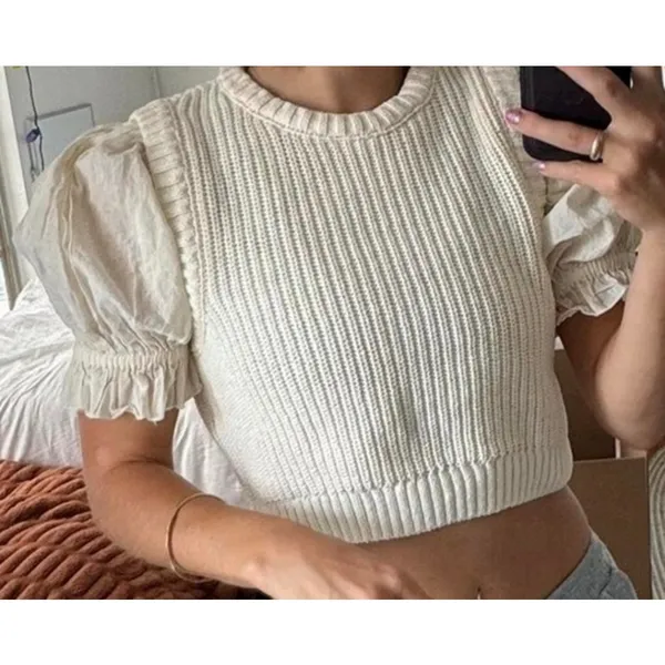 Zara Romantic Cream Mixed Media Puff Sleeve Knit Crop Top S - Image 7